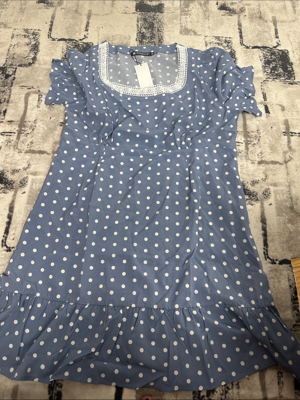 Allegra K Blue Polka Dot Scoop Neck Dress with Lace Trim